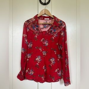 J.A.K. Red floral popover blouse